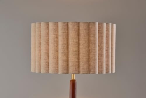 Adesso Antique Brass and Walnut Floor Lamp with Beige Linen Scalloped Shade