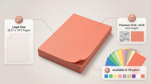 Limited Papers (TM) Colored Copy and Printing Paper, 8.5"x14" Legal Size, 24 Pound, 500 Sheets Per Ream. (500, Salmon)