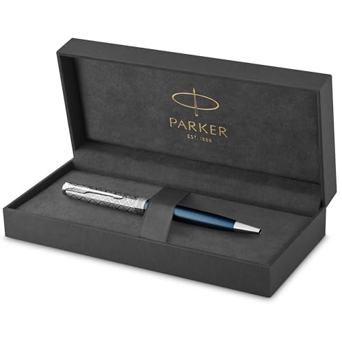 PARKER Sonnet Ballpoint Pen | Premium Metal and Blue Satin Finish with Chrome Trim | Medium Point with Black Ink Refill | Gift Box