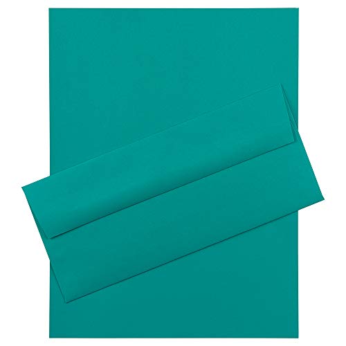 JAM PAPER #10 Business Stationery Set - 4 1/8 x 9 1/2 Envelopes & Matching Letter Paper - Sea Blue Brite Hue Recycled - 100/Pack