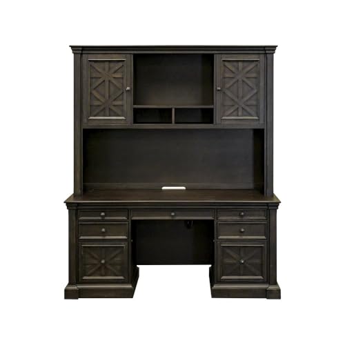Starlight Wood Hutch with Doors, Fully Assembled, 2 Wood Doors, Center Open Storage, 2 Adjustable Shelves, Antique Hardware, Brown