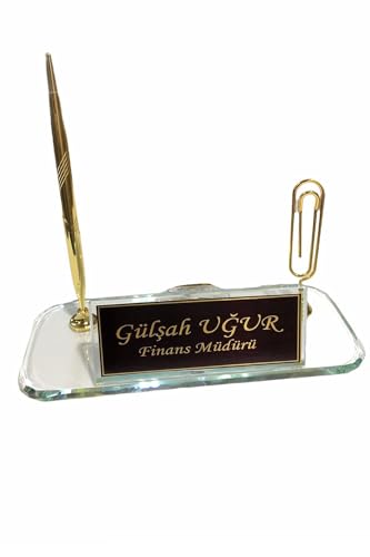 MOOGCO Modern Black Glass Desk Name Plate with Pen Holder, Cardholder & Clock - Desk Organizer