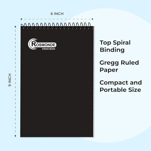 Rosmonde Bulk Steno Pads, 48 Pack, 6x9 Gregg Ruled, Black Covers, 80 Sheets