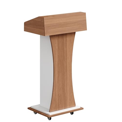 xibolai Mobile Wooden Podium Stand with Lockable Wheels Modern Presentation Blockboard Lectern Black Walnut Color with Storage Shelves for Office, Church, Classroom, Conference Room