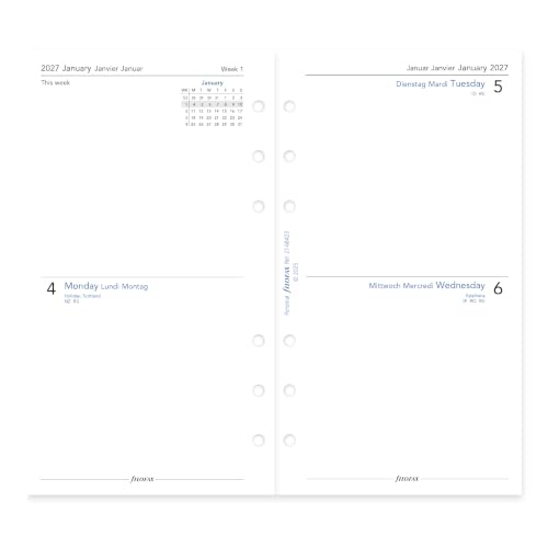 Filofax Calendar Diary Refill, Personal/Compact Size, Two Days on One Page, White Paper, Unruled, Trilingual, 2027 (C68423-27)
