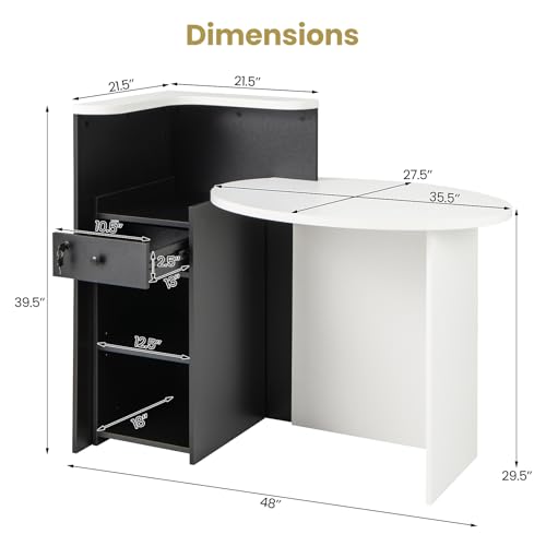 SILKYDRY Reception Desk, Small Retail Checkout Counter with Lockable Drawer and Open Shelves, Wooden Front Desk Reception Counter, Oval Desktop & L Counter for Store Office Lobby Salon (Black & White)