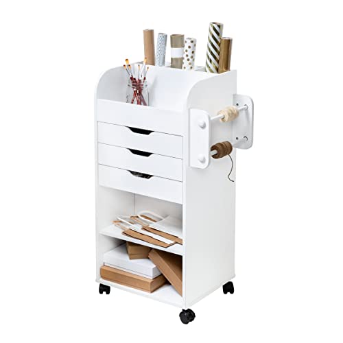 Honey-Can-Do Deluxe Rolling Craft Storage Cart with Locking Wheels | Organizer for 30-inch Wrapping Paper, Ribbon Spools, Tools & Supplies | 3 Drawers & Open Shelves
