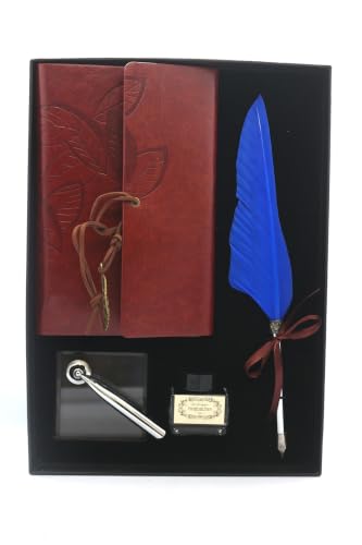 Calligraphy Pen and Notebook Set with Feather Pen, Ink, Leather-Bound Journal, and Holder - Refined Gift Boxed Set for Writers and Artists - Blue Accents
