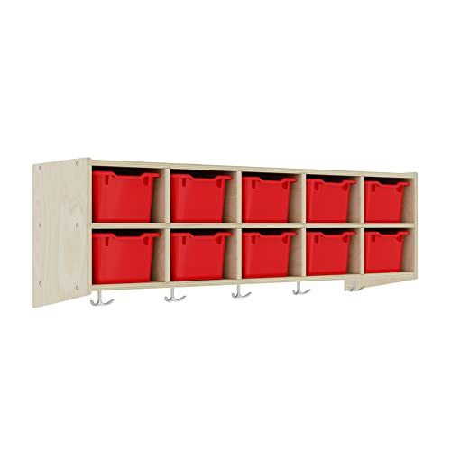 ECR4Kids Streamline 10-Section Hanging Coat Locker with Scoop Front Storage Bins, Natural, Cubby Storage, Red