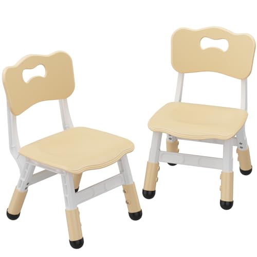 BouPower 2-Pack Adjustable Kids Chairs, 3-Level Height Plastic Toddler Chair with Non-Slip Base & Stackable Design, for Home School Classroom Daycare Indoor Outdoor Use, Ages 2-8, Natural