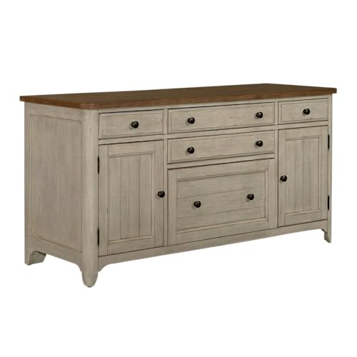 Bison office Antique White Farmhouse Credenza, Chestnut Top, Pine Solids, Hickory Veneers, Spacious Storage and Durable Wood Build