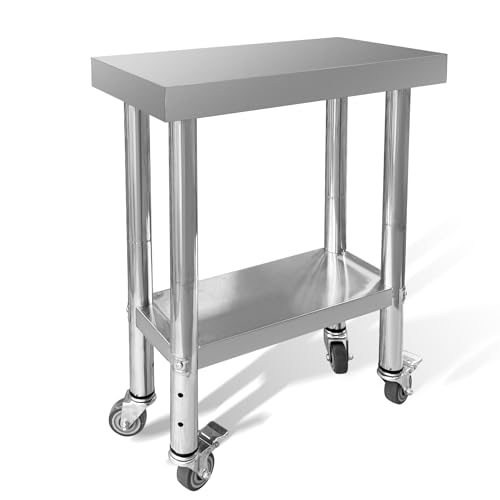 Fsehyue Stainless Steel Work Table 24"x12"x33" Metal Adjustable Under Shelf Prep Table 320 LBS Load Capacity with 4 Caster Wheels Heavy Duty Food Prep Worktable for Home Hotel Kitchen Restaurant