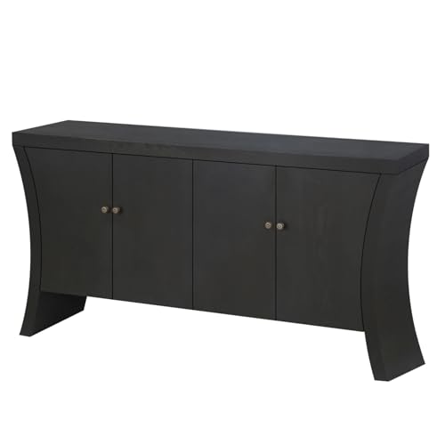 WEALTHKING Industrial Style 4-Door Wooden Credenza with Arc Base & Vintage Clasps - Versatile Storage Cabinet for Living Room, Entryway Console or Home Office Furniture (Black,A)