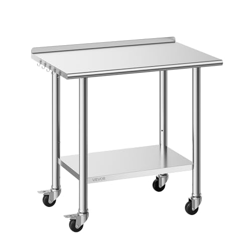 VEVOR Stainless Steel Work Table, 24x36 inch Food Prep Table with Wheels and Backsplash, Commercial Kitchen Workstation with Adjustable Undershelf, Metal Utility Worktable, for Restaurant Home Outdoor