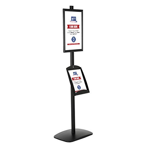 M&T Displays Free Standing Aluminum Display Stand Single Sided Document Brochure Sign Holder Front Loading Portrait Landscape Black Snap Frame 8.5x11 and Metal Tray Shelf 8.5x11 Inch