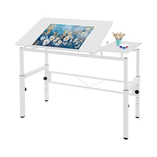HAOREBAIYU Artist Drawing Table, Split Top, Steel Drafting Table, Tilting Tabletop Art Craft Desk with 0-30 °Adjustment Panel, Height Adjustable, 47.24 * 23.62In, White