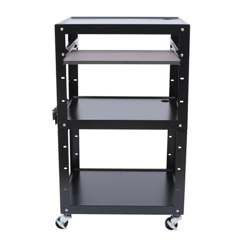 AV Cart on Wheels, Cold Rolled Steel Utility Carts, Height Adjustable with Top Shelf, Pullout Keyboard Tray and Power Strip, Rolling Standing Desk Stand Up Desk, Home Office Standing Desk
