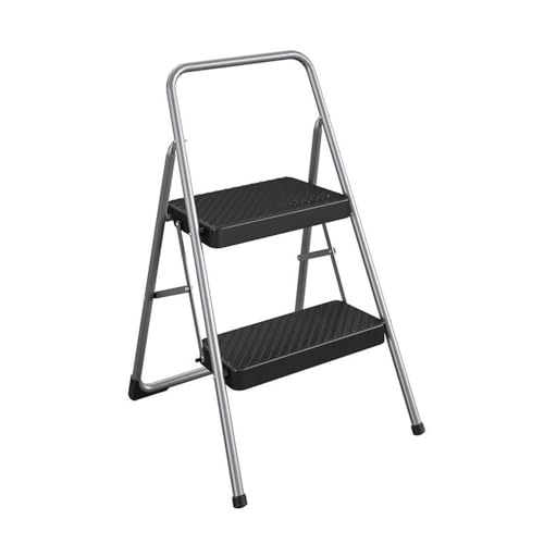 Pemberly Row 2-Step Folding Step Stool, 28.15 H x 17.32 W x 17.95 D, Platinum Finish, Lightweight ANSI Type 3 Household Stool with Slip-Resistant Steps, Stable Design for Easy Storage and Cleaning