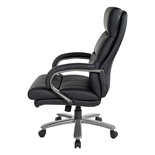 Office Star ECH Series Big and Tall Bonded Leather High Back Executive Chair with Lumbar Support, Padded Loop Arms and Titanium Base, Black
