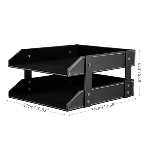 KINGFOM Letter Tray, Leather Paper Organizer Tray, Wooden Desk File Holder, Desktop File, Stackable Magazine Holder, Mail Sorter, Great for Home or Office - 2 Level Black