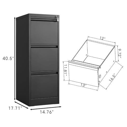 LALFPET Secure Vertical File Cabinet – 3 Drawer Black Metal Filing Cabinet with Lock, Durable Steel Construction, Space-Saving Under Desk Office Storage Organizer for Letter, A4, Legal Files