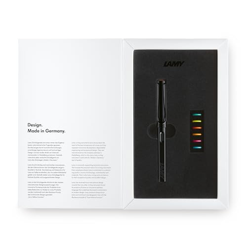 Lamy safari multicolor Fountain Pen Set all black – Special Edition with 6 Interchangeable Colored Rings – Steel Nib in Width M – incl. blue Ink Cartridge T10 & Gift Box