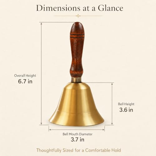 Solid Brass Handbell with Wooden Handle – Loud Hand Call Bell for Teachers, Classroom, Wedding, Restaurant, Office, Meditation & Elderly Care