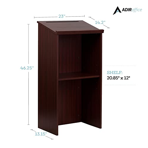 AdirOffice Wooden Podium with Storage Shelf - Speaking Lectern, Hostess Station for Restaurant, 46.25 Inches, Mahogany
