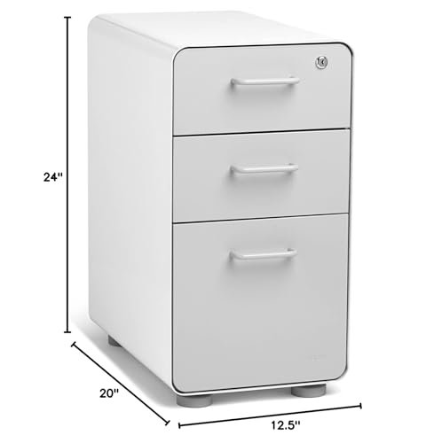 Poppin Slim Stow 3-Drawer File Cabinet - White + Light Gray. 2 Utility Drawers and 1 Vertical Hanging File Drawer. Fully Painted Inside and Out. Powder-Coated Steel. Two Keys Included