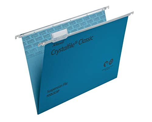 Rexel Foolscap Suspension Files with Tabs and Inserts for Filing Cabinets, 15 mm V Base, 100 Percent Recycled Manilla, Blue, Crystalfile Classic, Pack of 50, 78143