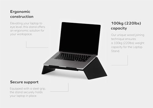 Oakywood Wooden Slanted Laptop Stand for Desk - Convenient Riser & Holder - Ergonomic Wood Stand - 45x22x14cm - for 13-14" Laptops Black