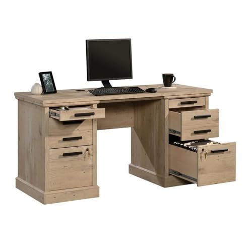 Pemberly Row 60" Engineered Wood Knee Space Credenza Desk, Prime Oak Finish, Sturdy Office Storage Desk with Melamine Top, Locking Drawers, Cord Management System, Finished for Versatile Placement