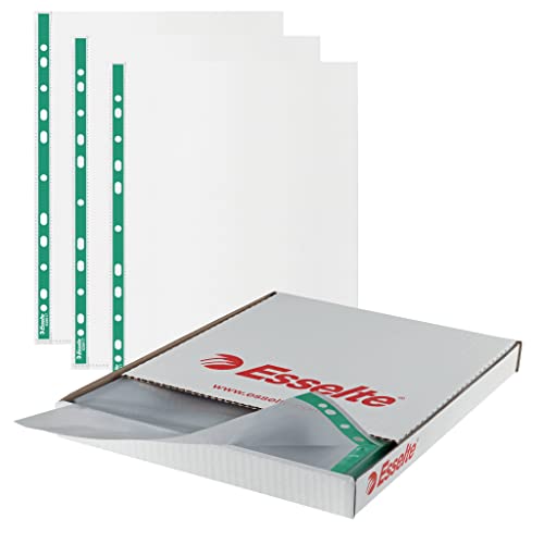 Esselte A4 Punched Pockets, 500 x Poly Pockets, 43 Micron Thickness, Embossed A4 Pockets with Punched Reinforced Green Spine, Ideal for Lever Arch Files & Ring Binders (Pack of 500), 628617