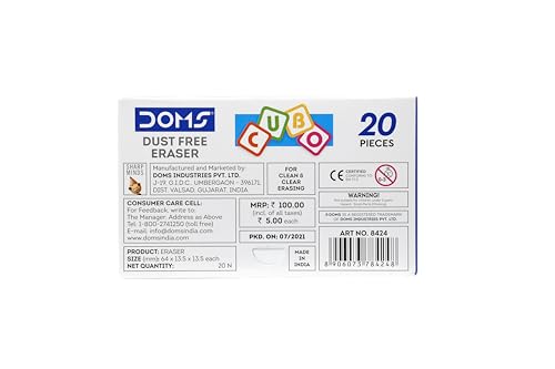 Doms Dust Free Cubo Eraser Box Pack | Comfortable Edge for Easy Handling | Non-Toxic & Safe for Kids | Attractive Body Colors | Pack of 20 Pcs