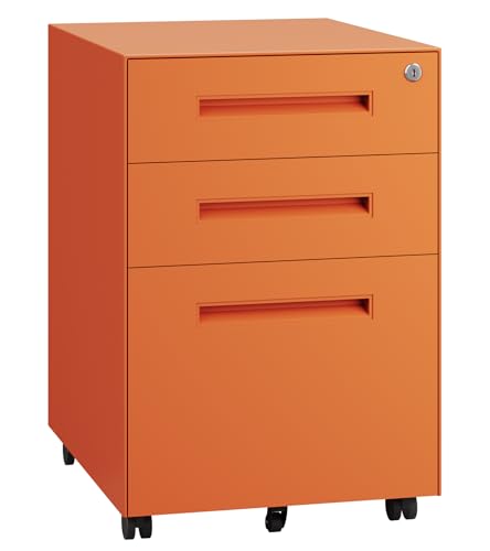 Dripex 3 Drawer Metal Rolling File Cabinet Under Desk Filing Cabinet Orange