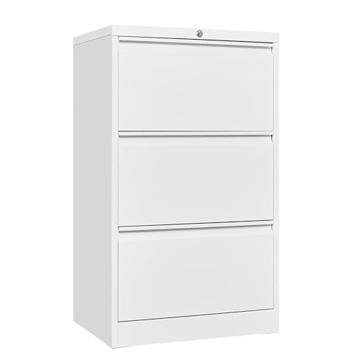 3 Drawers Lateral File Cabinet with Lock, Metal Filing Cabinet with Card Holder, Steel Drawer File Cabinets for Under Desk Use, Perfect for Home Office, Legal, Letter, f4, a4 Size Documents,White