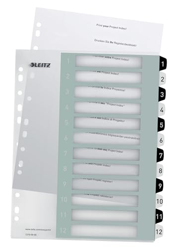 Leitz Index for A4, PC Writeable Cover Sheet and 12 Dividers, Tabs with Number Print 1-12, Extra Wide, White/Black, Polypropylene, WOW, 12160000 (Pack of 10)