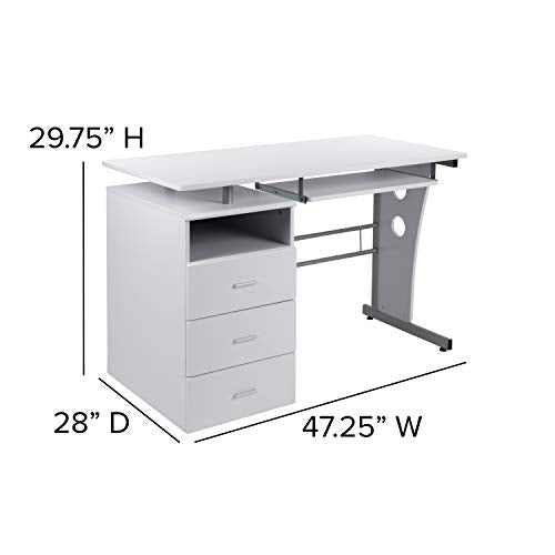BizChair White Desk with Three Drawer Single Pedestal and Pull-Out Keyboard Tray
