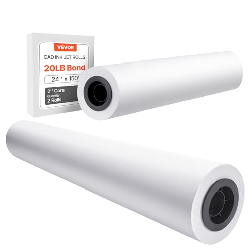 VEVOR Wide Format Paper, 24 in x 150 ft Plotter Roll, 2 Rolls CAD Bond Rolls with 2 in Core, 20 LB Bond Paper Rolls, Ideal for CAD Drawings, Engineering Plans, GIS Maps, and Architectural Designs