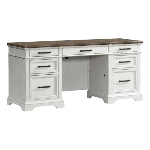 Pemberly Row Home Office Credenza, 66 in Wood, Rustic White and French Oak Finish, Knotty Oak Veneer, 4 Utility Drawers, Locking File Storage, Transitional Style for Home Office