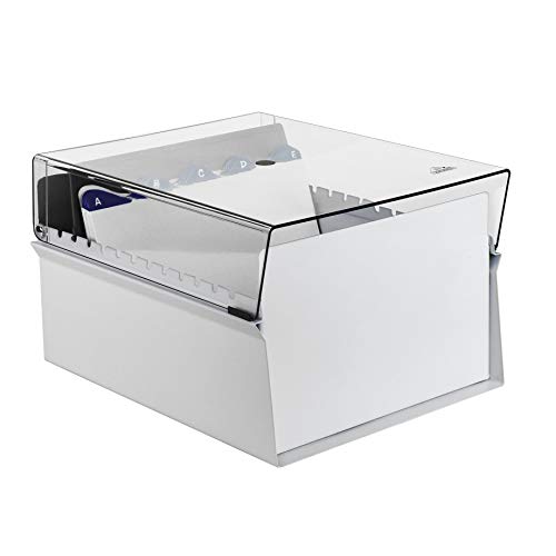 Acrimet 6 x 9 Card File Holder Organizer Box Metal Base Heavy Duty (AZ Index Cards and Divider Included) (White Color with Crystal Plastic Lid Cover)