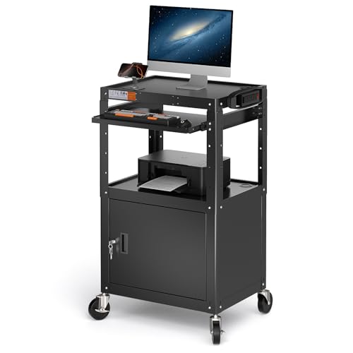 POCHAR Steel Large AV Cart with Locking Cabinet - Adjustable Height Media Carts with Wheels, Pullout Tray, Power Strip for Mobile Work Station - Rolling Computer Cart for Office Classroom Presentation