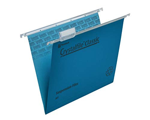 Rexel A4 Suspension Files with Tabs and Inserts for Filing Cabinets, 15 mm V Base, 100 Percent Recycled Manilla, Blue, Crystalfile Classic, Pack of 50, 78160