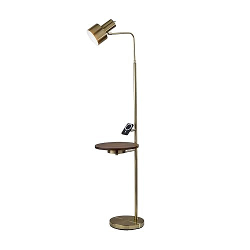 Adesso Floor Lamp with Table, Antique Brass & Wood, Wireless Charging, 56”