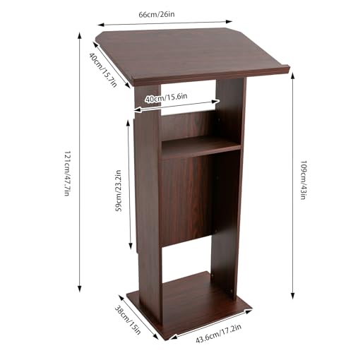 Podium Stand, Mobile Lectern with 4 Locking Wheels, Wooden Lectern Stand with Storage Board, Floor Standing Speaking Pulpit for Home Office Wedding Conference (Brown)