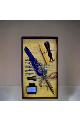 SODEF Vintage Calligraphy Pen and Wax Seal Stamp Set with Ink, Metal Divit Pen with 5 Nibs, Desk Decor - Blue
