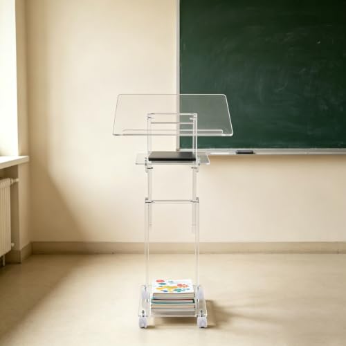 xsdzgdzy Acrylic Podium Stand with Wheels, Clear Adjustable-Height Presentation Stand, Dual-Layer Storage Lectern for Meeting Room, Classroom, Office, Mobile Rolling Modern Pulpit
