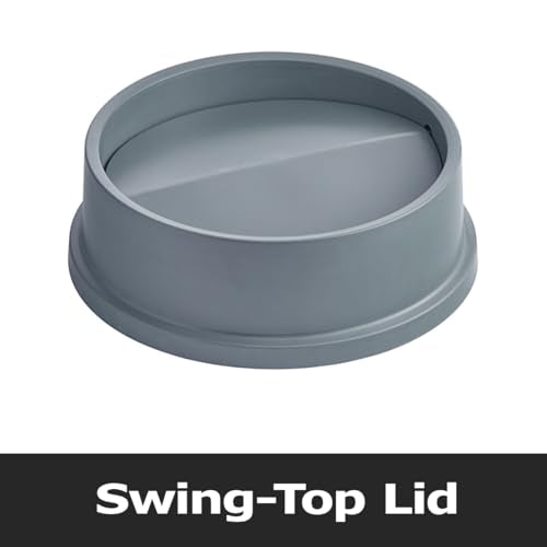 11 Gallon Round Gray Commercial Trash Can with Swing-Top Lid - Hands-Free Polyethylene Wastebasket for Office, School, Facility, and Commercial Use - Dent & Crack Resistant