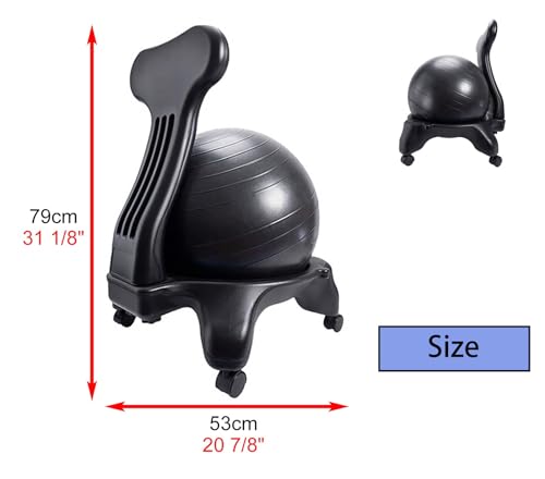 CMYUN Yoga Ball Chair Stability Exercise Ball Chair for Office, Black Yoga Ball Chair with Wheels & Back Support, PVC Balance Ball Seat to Relieve Back Pain
