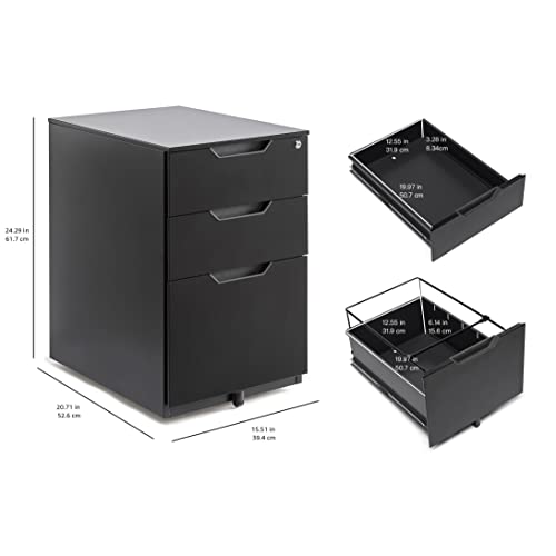 Amazon Basics 3-Drawer Mobile File Cabinet with Lock, Rolling Filing Cabinet for Hanging Files, Black, 20.71" D x 15.51" W x 24.29" H